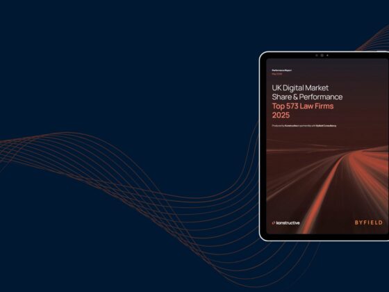 Cover of UK Digital Market Share & Performance 2025 report on a tablet screen, featuring Konstructive and Byfield branding with a stylised motion light road graphic.